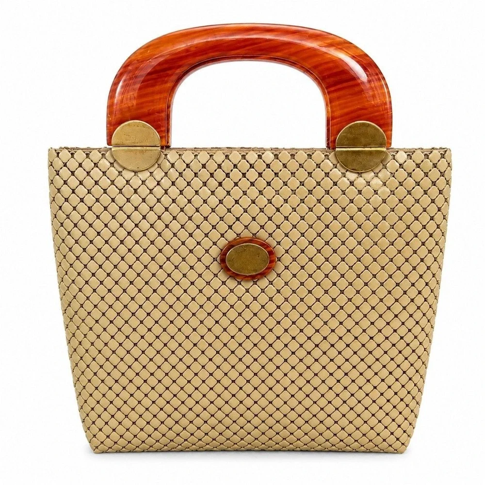 Vintage 1940s Whiting & Davis Cream Mesh Handbag Tortoiseshell Lucite Handle